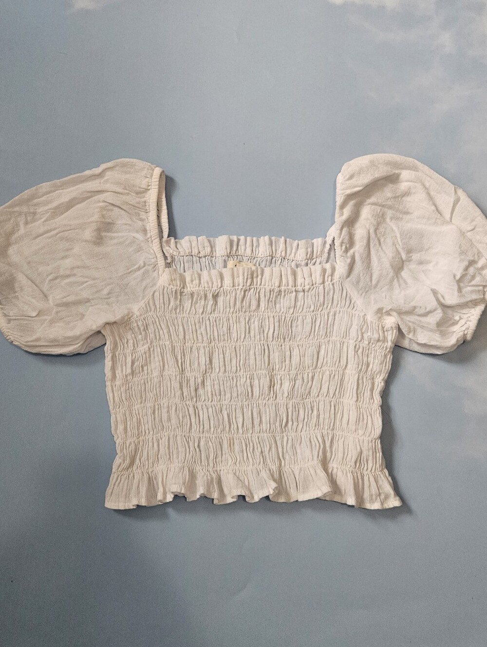 Smocked Puff-Sleeve Crop Top — White